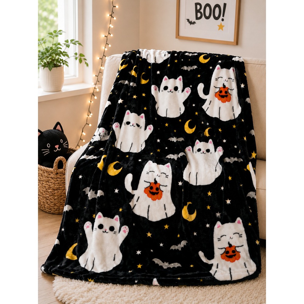 Jack O'Lantern Lane Halloween Cat Plush Throw Blanket 60x70 Ghost Pumpkin Black